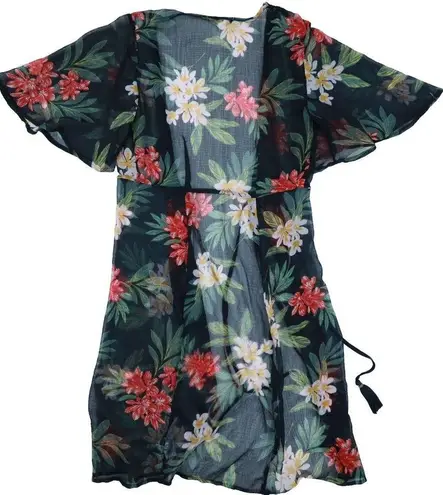 American Eagle  Black Floral Sheer Boho Kimono  Summer Cover-Up Size XS-S