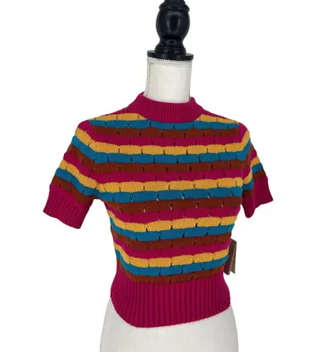 Mother The Mock 10 Laser Beam Striped Short Sleeve Sweater Pink Size XS