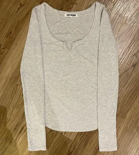 Joah Brown Henley Light Grey Long Sleeve Top Vintage Style T Shirt, S/M