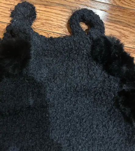 Heart black cold shoulder hairy knit sweater black faux fur balls size L Size L
