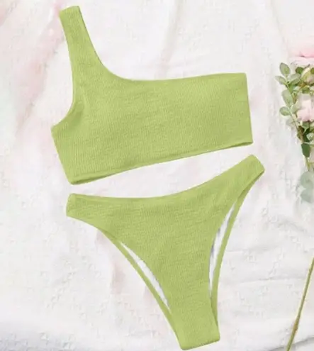 Women's Ribbed Bikini Set One Shoulder Top with Mid Waist Two Piece Size M Green Size M
