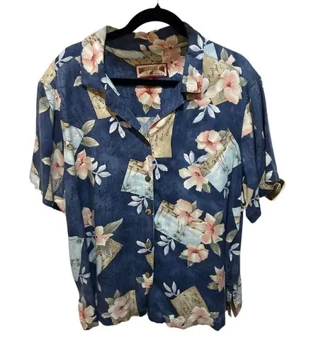 Caribbean Joe  Blue Pink Hawaiian Floral Print Button Down Shirt Sz 2X