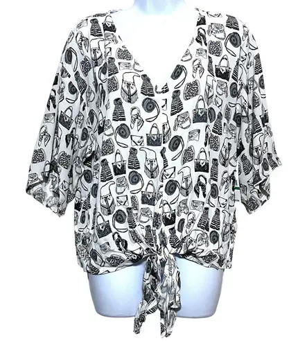 Karen Kane Handbag Purse Scarves Tie Front V Neck Blouse Top L Monochrome NWT