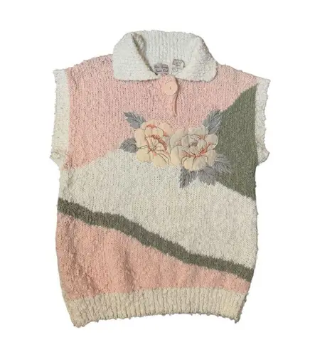 Palm Springs Yacht Club Pink Cream Textured Floral Knit Sweater Sz S Vintage