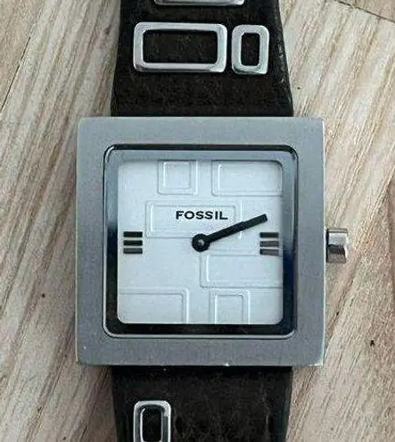 Fossil Ladies Watch Brown Leather Strap Square White Dial Stainless Accents