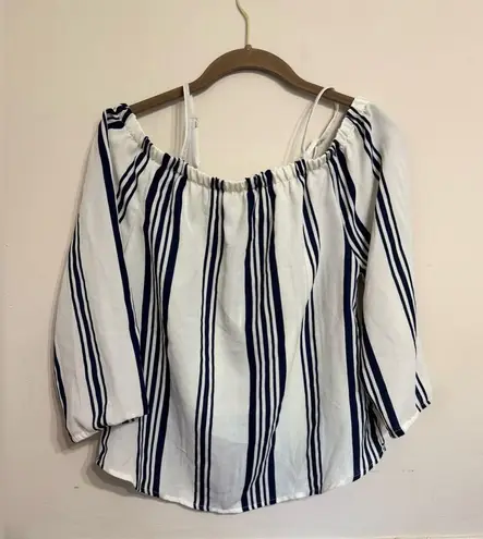 Hint of Blush | Navy & White Striped Off the Shoulder Sheer Blouse | Medium