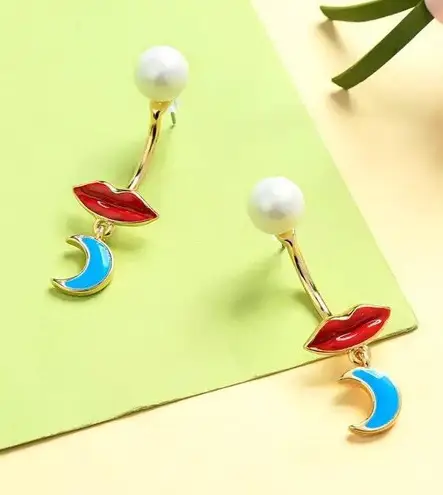 Red Lips Moon Pearl Stud Drop Earrings Gold