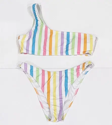 South Beach  US8 Textured Bikini Pastel Stripe One Shoulder High Cut Swimsuit