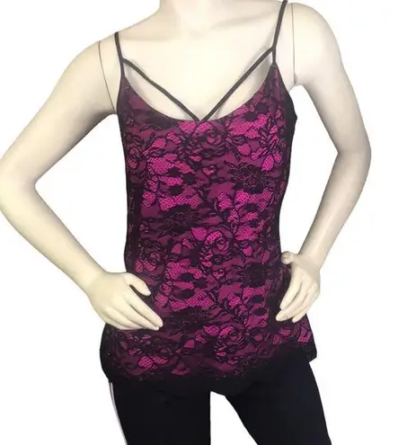 Boston Proper  Pink & Black Lace Spaghetti Strap Tank Top L