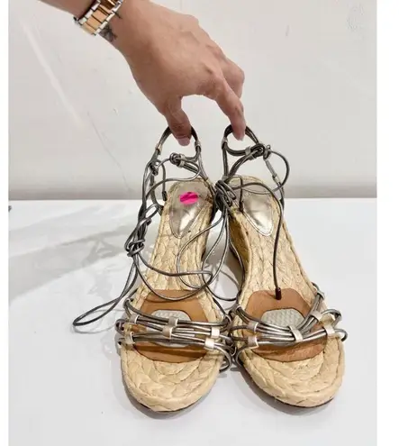 Alexandre Birman Leona Ankle-Wrap Metallic Leather Espadrille Wedge Sandals 38