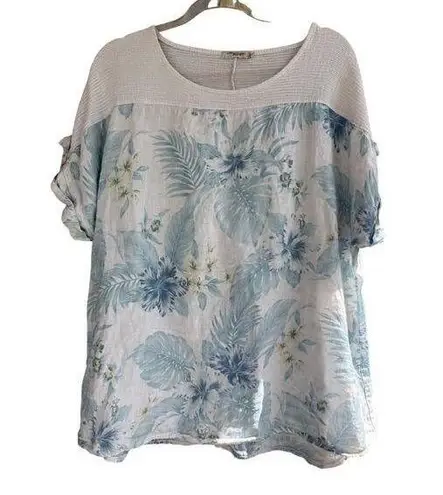 LUNGO L’ARNO Italian Linen Top Women 2X White Blue Floral 100% Linen Beachy