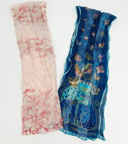 Bundle Lot (2) Laurel Burch & Unbranded 100% Silk Scarves Cats Butterflies Pink - Image 1