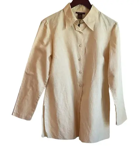 Barami Linen Cotton Women Top L Yellow Button Up Coastal Chic Office Travel Yellow Size L