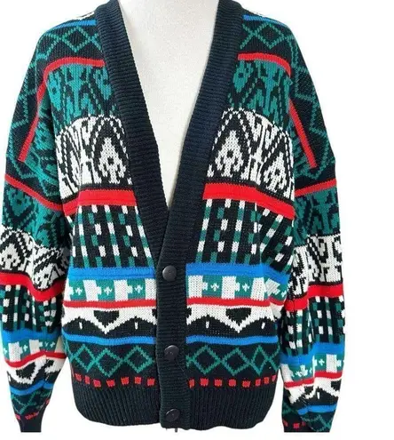 Vintage 70s Sasson Fair Isle V Neck Cardigan Sweater Oo La La Small Retro Black