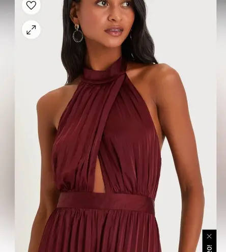 Lulu’s Confident Impression Burgundy Satin Pleated Halter Jumpsuit Size M