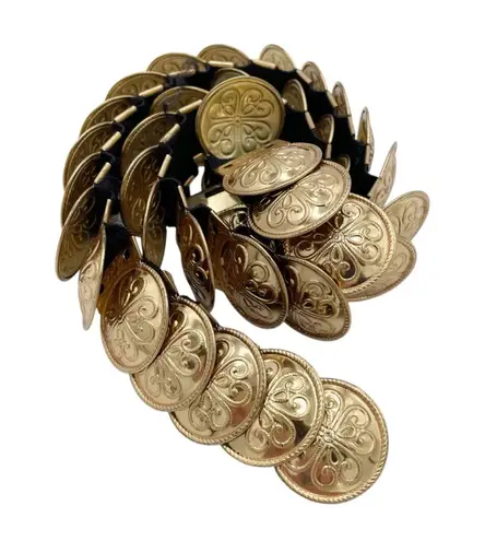 Vintage 80s Gold Coin Medallion Embossed Disc Stretch Belt One Size Boho Glam