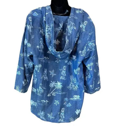 Tommy Bahama  Hula Hut Tropical Print Baja Blue Linen Blend Hoodie