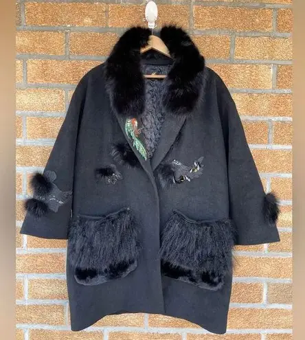 Kobi Halperin X Erte Anisa Fox and Rabbit Fur Combo Coat w/ Crystal Brooches L Black Size L