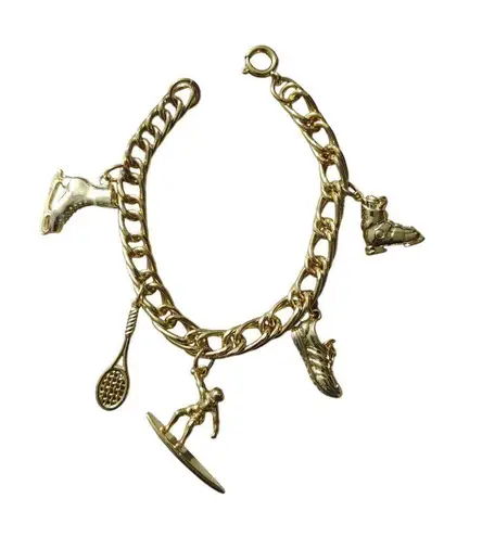 Charm Bracelet Vintage Gold Plated Sports Surfboard Tennis Racket Ice Skate Ski