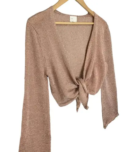Dee Elly Metallic Shimmer Cropped Front Tie Bell Long Crochet Sleeve Rose Gold M