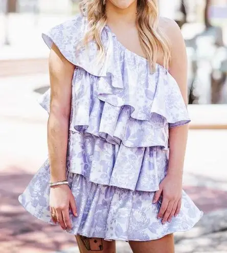 ASOS LUXE Ruffle One Shoulder Jacquard Mini Dress Purple Silver 6 Runs Small