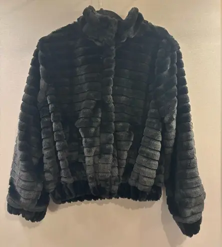 Fair haven Women's Black Faux Fur Jacket medium bomber jacket cinched waist