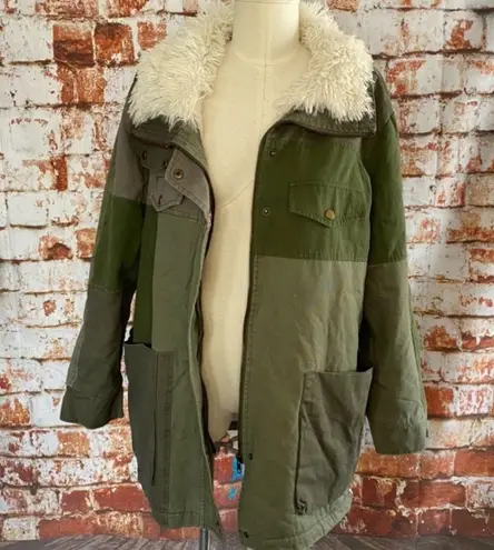 One Teaspoon Green Patchwork Twill Utility Defender Sherpa Fur Lined Coat Small