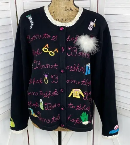 Berek Vintage 90s Born To Shop Embroidered Appliqué Cardigan Sweater Black XL Black
