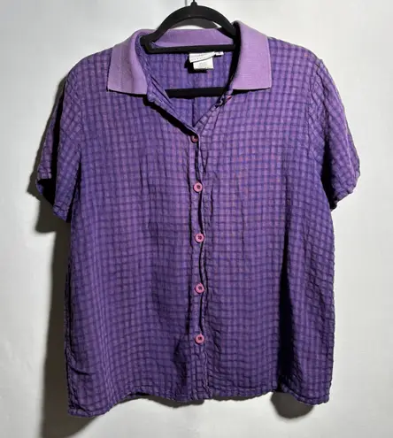 VTG Marc Ware Purple Gingham Check Plaid Linen Bld Short Sleeve Button Up Top S