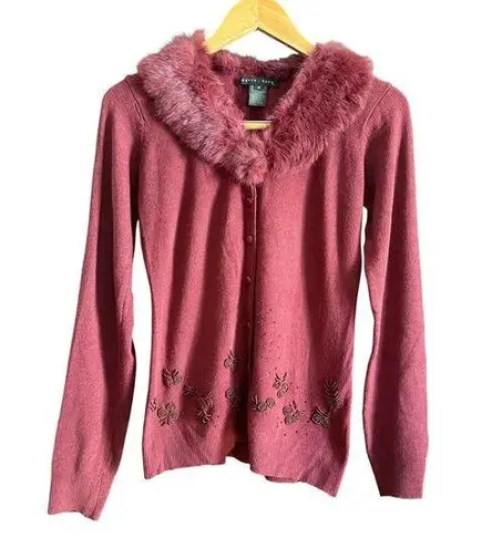 BETTE SUNG | Burgundy Wool Blend Real Fur Collar Beaded Cardigan sweater | Small Red