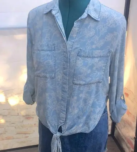 Velvet Heart Chambray Floral Print Button Down Tie Front Roll Cuff Shirt