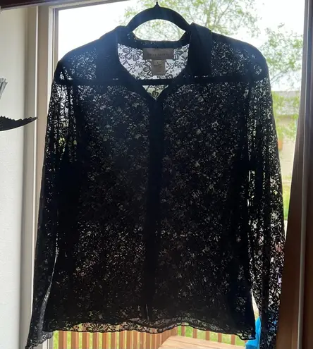 Susan Bristol Black Lace Sheer Top Button Down Shirt VTG 90s Y2K Witchy Size L