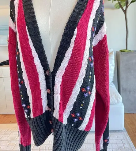 Vintage Cable Knit Heart Embroidery Cardigan Sweater Black Red Size L