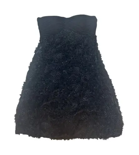 Sue Wong Black Strapless Cocktail Dress Textured Floral Rosettes Size 4