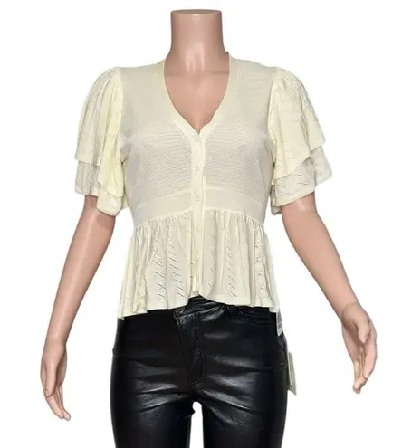 Ba&sh Acacio Pointelle Knit Short Sleeve Cardigan, Off White, 1/Small