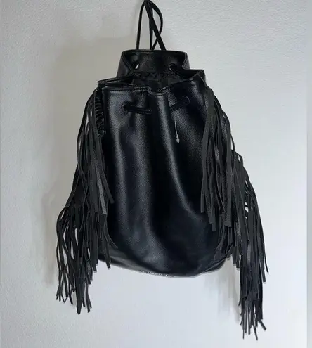 Victoria's Secret Fringe Bucket Bag Drawstring Black Faux Leather Large NWOT