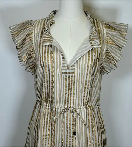 Oliphant Design 100% Cotton Gold Stripe Flutter Sleeve Dress Women’s Size Small