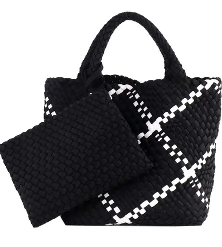 Ahdorned Black White Lily Woven Neoprene Large Tote With Pouch Purse Shoulder Bag