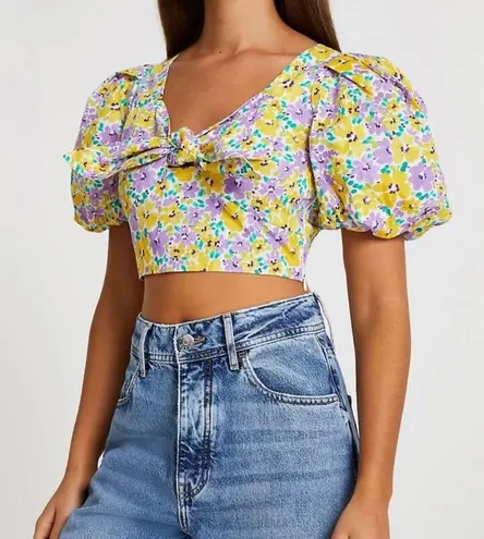 River Island floral Puffed Sleeve tie front crop top Yellow and Purple size 14
