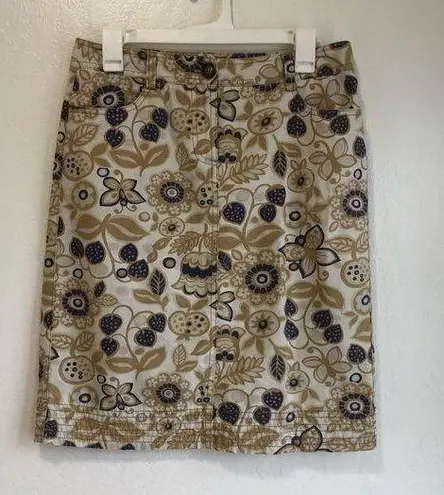 Boden Floral Tan Blue Print Ivory Cotton Canvas Straight Pockets Belt Loop Skirt Size 6