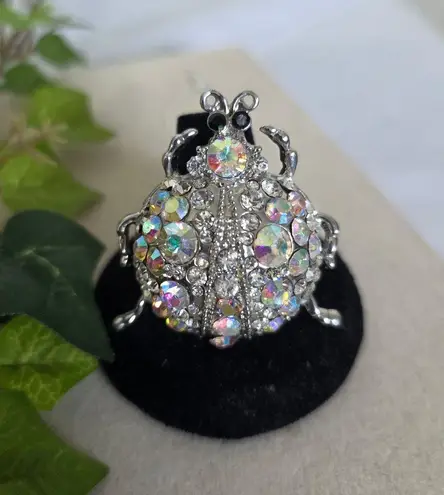 Vintage Statement Silver Beetle Bug Ring with AB Stones