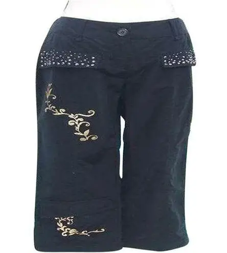 Cache Black Zen Rhinestone Pockets Gold Metallic Design Crop Pant New $138 NWT Size 4