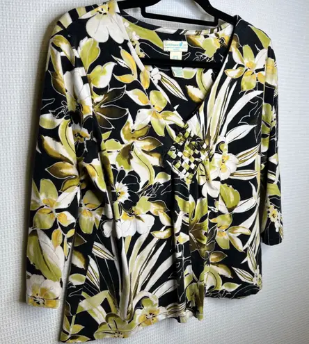 Caribbean Joe Petite XL Floral Print V Neck 3/4 Sleeve Knit Top Blouse