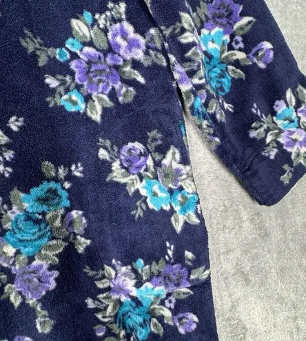 Miss Elaine Robe Womens Large Blue Floral Fleece Winter Housecoat Boho Granny