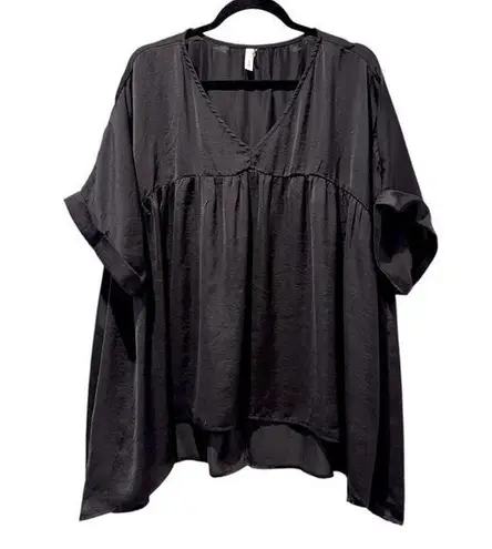 Glam Rolled Short Sleeve V Neck Satin Baby Doll Flowy Blouse Black Size Large