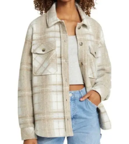 THREAD & SUPPLY | Shacket Plaid Oversized Warm Jacket Coat Taupe Combo | Large Gray