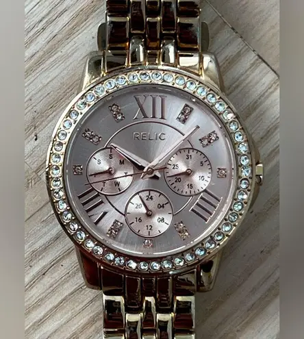 Relic Crystal Embellished Ladies Watch Rose Gold-Tone Dial Bracelet Day/Date