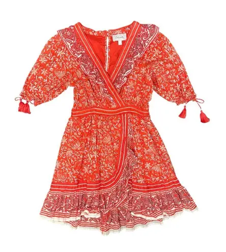 Cleobella Blair Tassel-Cuff Ruffle Short Sleeve Mini Dress Floral Orange Small S