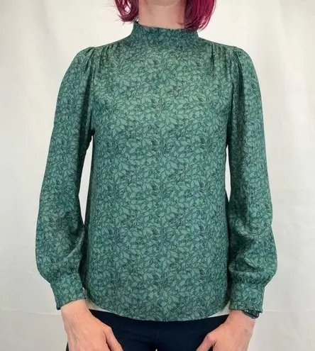 Treasure & Bond Womens High Neck Ruffle Blouse Green Black Floral XS Extra Small