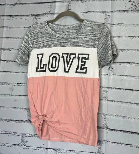 On Fire Colorblock “Love” Tee M Grey Pink White Casual Summer Streetwear Top Y2K